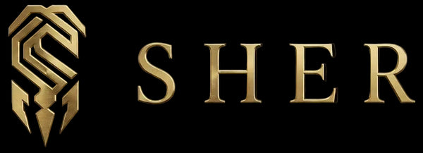 Gold 'SHER' logo on a black background